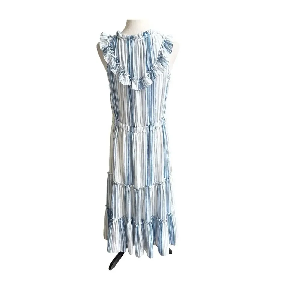 MISA Los Angeles Medium Aleja Stripe Print Linen Midi Dress White Blue Tassel